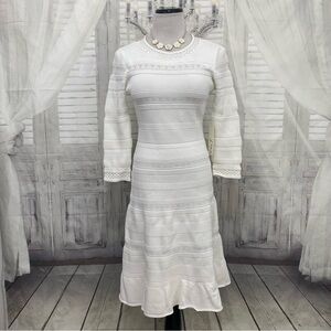 Eliza J Size Small White Pointelle Ruffle Hem Sweater Dress Sleeves Fit & Flare